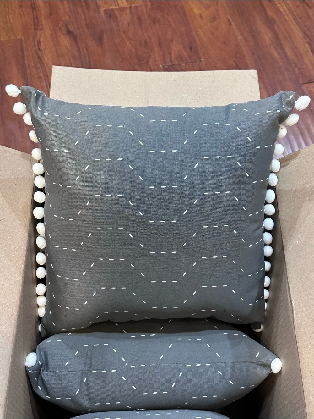 Backyard Creations Gray White Pom Pom Outdoor Toss Pillow 18x18